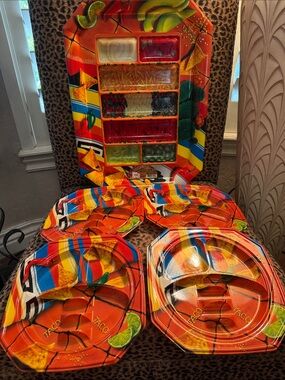 Fiesta Taco Serving Platter and Sectioned Plates - Bright Orange Multi